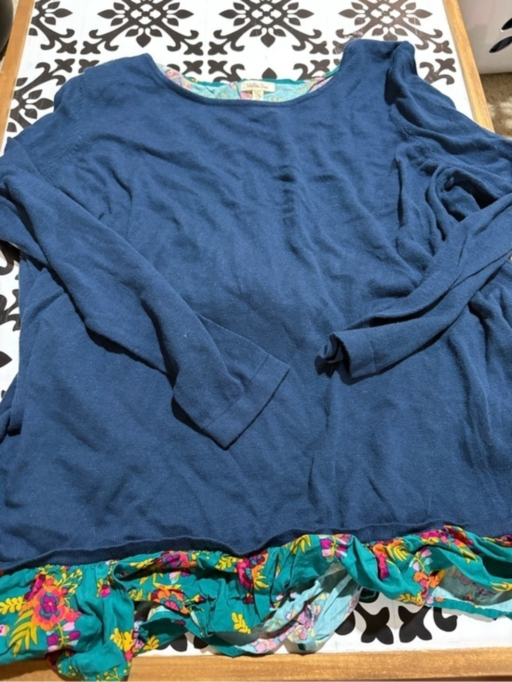 Matilda Jane Teal-Blue Scoop Neck Sweater with Floral Ruffle Hem